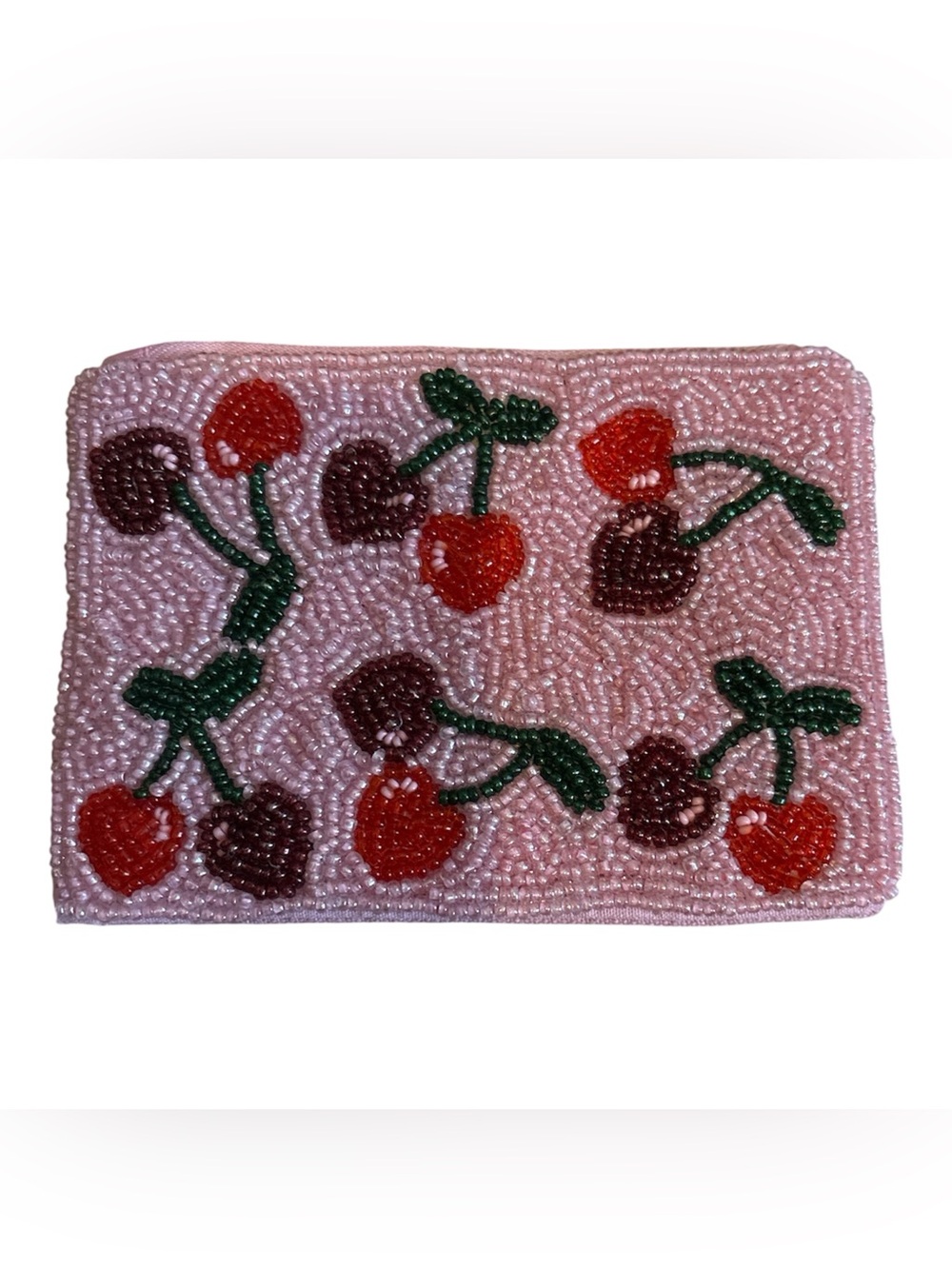 Hand Beaded Cherry Coin Pouch in Pink